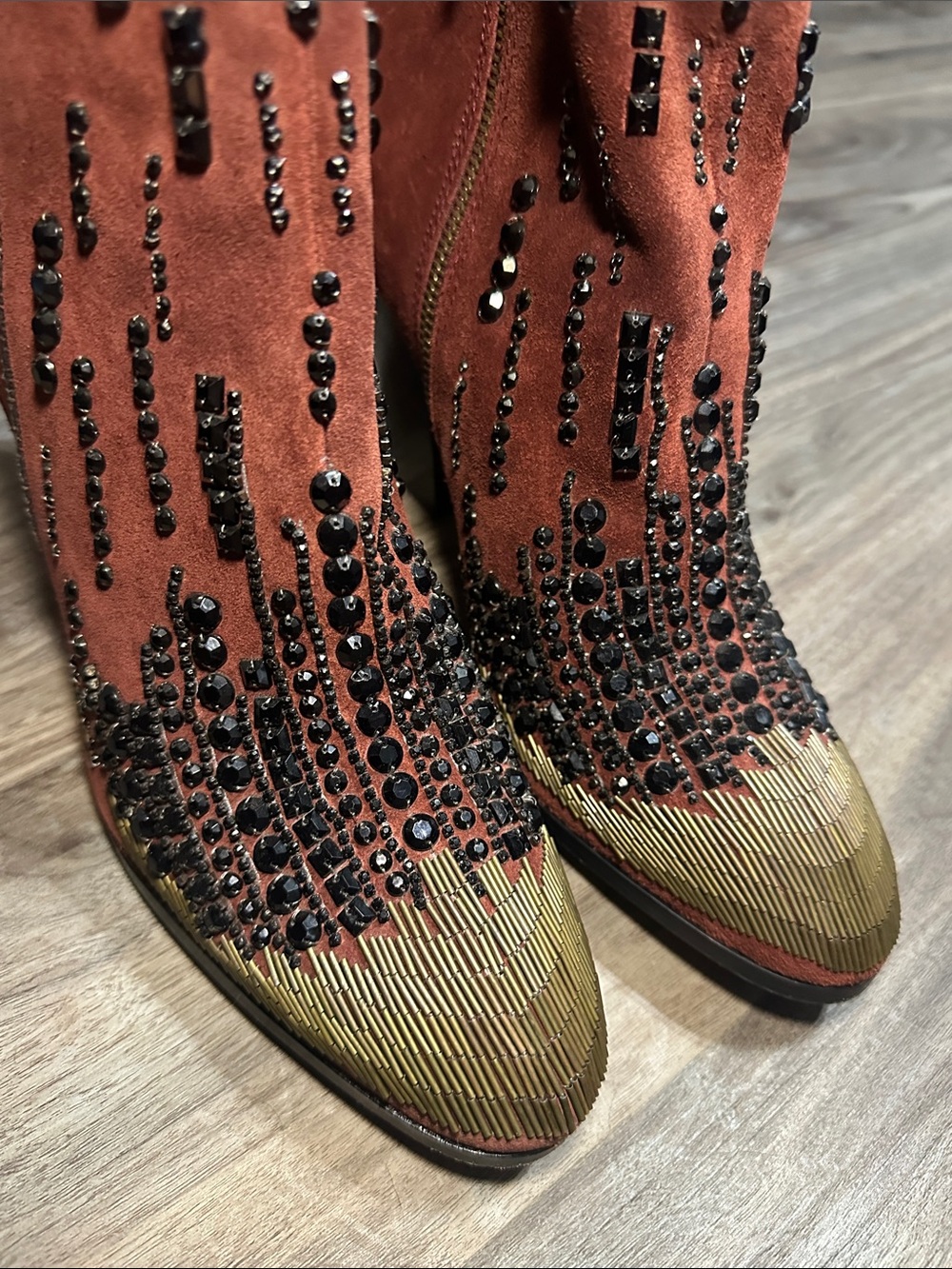 Donald J. Pliner Rust Suede Embellished Ankle Boots with Gold Toe - Picture 7 of 12